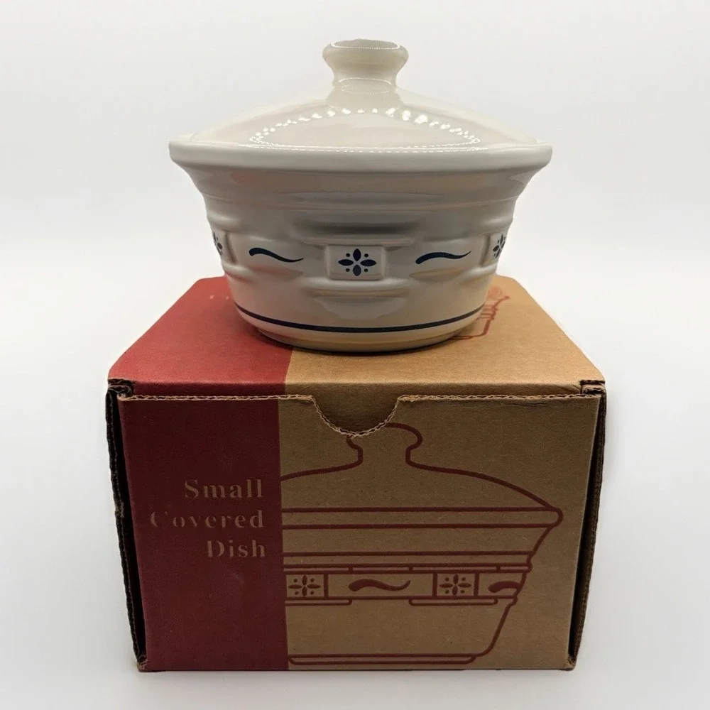 Longaberger Woven Traditions Pottery Classic Blue Small Covered Dish New in‎ Box